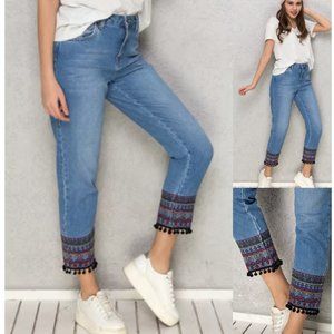V Cristina embroidered cropped jeans with pom poms sz10